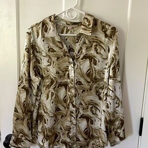 Beautiful “silk” sultry blouse in rich swirls of light and dark taupe